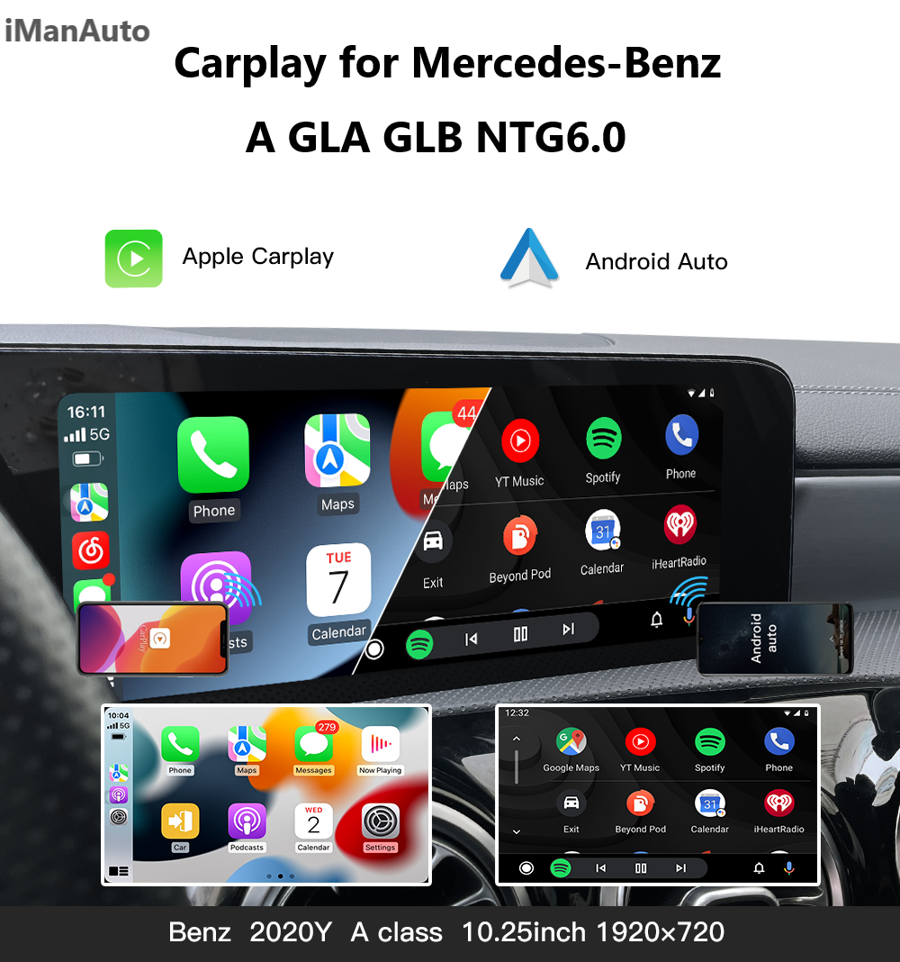 iManAuto Wireless Apple CarPlay Interface Android Auto Full Screen for Mercedes Benz A W177 GLA CLA GLB MBUX NTG6.0 With Touch