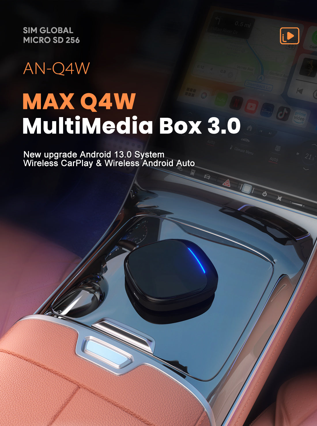 iManAuto CarPlay AI Box LED QCM6125 Android 13 Wireless CarPlay Android Auto Smart AI Box 4GLTE with SIM TF Port FOTA Upgrade 8G+128G