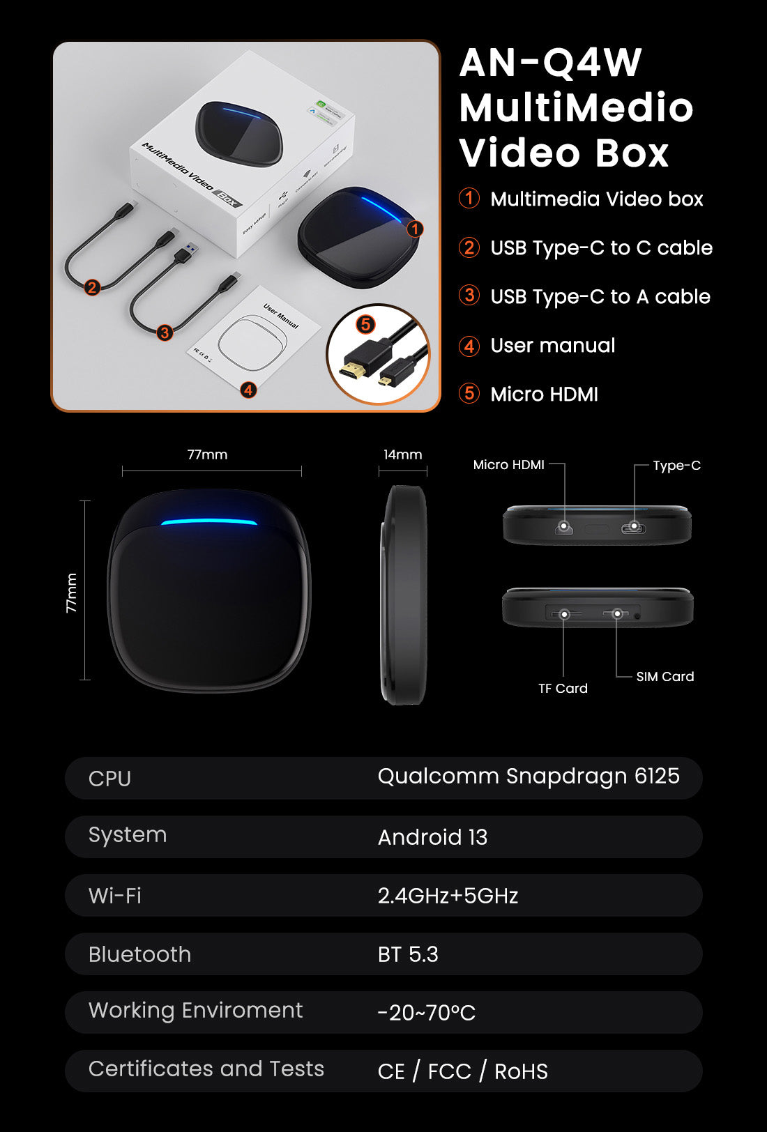 iManAuto CarPlay AI Box LED QCM6125 Android 13 Wireless CarPlay Android Auto Smart AI Box 4GLTE with SIM TF Port FOTA Upgrade 8G+128G