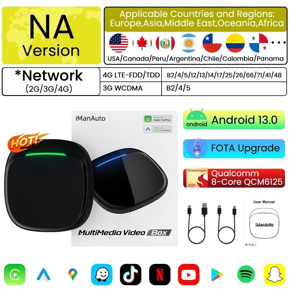 iManAuto CarPlay AI Box LED QCM6125 Android 13 Wireless CarPlay Android Auto Smart AI Box 4GLTE with SIM TF Port FOTA Upgrade 8G+128G