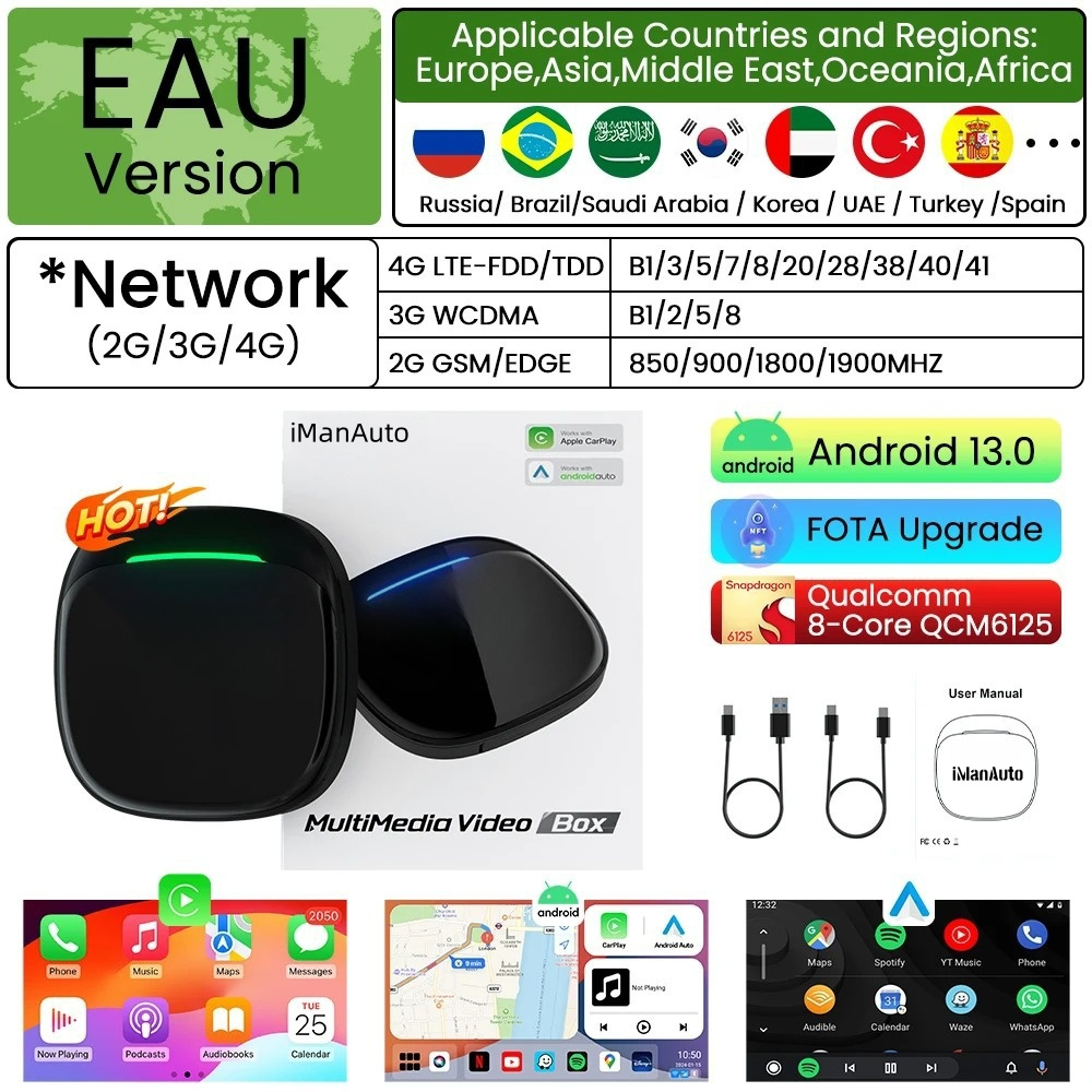 iManAuto CarPlay AI Box LED QCM6125 Android 13 Wireless CarPlay Android Auto Smart AI Box 4GLTE with SIM TF Port FOTA Upgrade 8G+128G